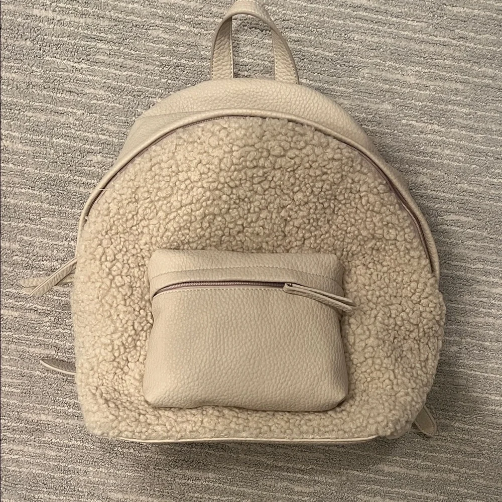 NWT Sherpa Teddy Backpack Cream Faux Leather Mini Backpack Neutral Boho
